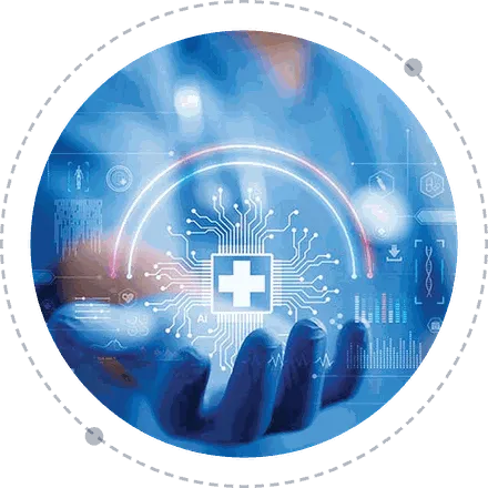 Gloved hand holding a glowing medical cross over a circuit graphic