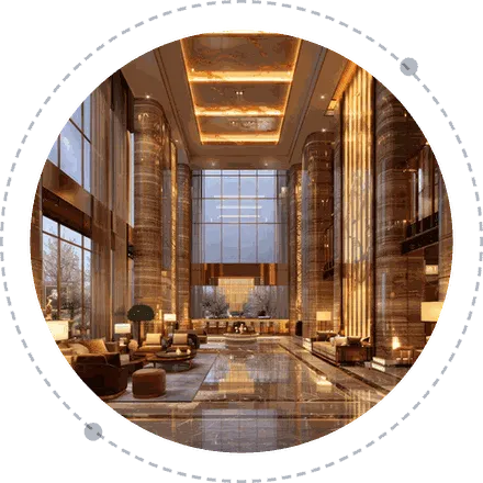 Double-height hotel lobby with lounge seating and marble floor